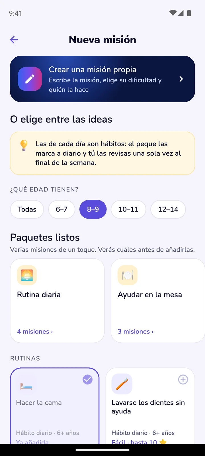 Pantalla de nueva misión con ideas por edad y paquetes listos