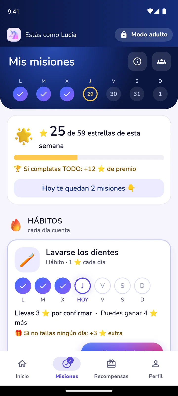 Pantalla de misiones de un peque con sus hábitos de la semana
